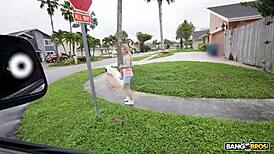 Candy Lane enjoys the bang bus. she smiles at messy facial