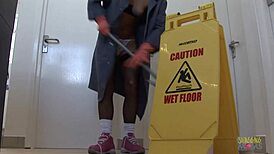 The cleaning lady says, 'I'll give you an amazing blowjob and get fucked right here.'