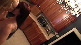 Sextoy lesbians rip clothes in kitchen. Wet pussies drip rough.