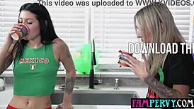 stepsisters' hot sauce contest turns into stepbro threesome blowjob and fucking