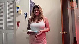 horny stepmom tucks in with huge cock blowjob and cum on natural big tits