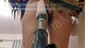 Latina pussy hammered by relentless sex machine in kitchen