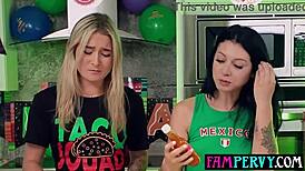 stepsisters' hot sauce contest turns into stepbro threesome blowjob and fucking