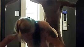 cheating chubby blonde milf's hotel bathroom footjob and doggystyle slut fest