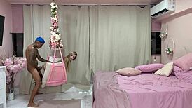 caught on cam eating hot blonde's hairy pussy on hammock swing backstage fuck