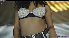 Asian skinny maid undresses and teases in costume