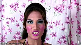 This pretty ladyboy teases her small tits and shaved cock playfully