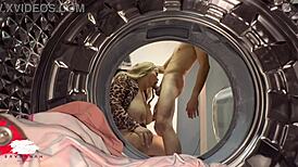 Chubby Blonde Hooks Up With Young Guy In Laundry Room