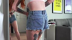 jean shorts babe drops to knees sucking cock like goddess