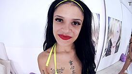 How does cute tattooed Italyana deepthroat monster cock in pov before swallowing cum?