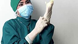 sexy nurse in latex gloves strokes patient cock hospital fetish