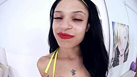 How does cute tattooed Italyana deepthroat monster cock in pov before swallowing cum?