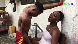 Chubby ebony girlfriend rides big black cock cowgirl in public outdoor threesome creampie wet