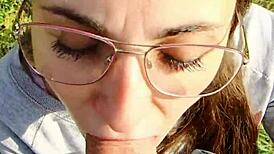 passionate pov outdoor blowjob ends in creampie for cute brunette