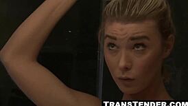 Hunky black stud's monster cock slurped by two blonde shemales then anal pounded hard