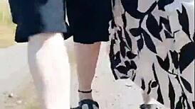 granny's 66 year old feet flash turns me on in sunny forest walk