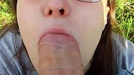 passionate pov outdoor blowjob ends in creampie for cute brunette