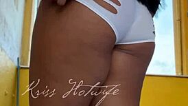 Naughty Brunette Wife Flashes Big Tits Ass Cameltoe in Short Shorts to Gym Friend Voyeur Style