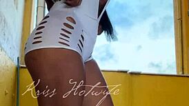 Naughty Brunette Wife Flashes Big Tits Ass Cameltoe in Short Shorts to Gym Friend Voyeur Style