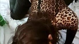 french amateur in red satin leopard bodysuit and black leather pants heels pov deepthroat rimming doggystyle