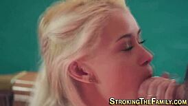 stepsis sneaks in for taboo blowjob on massive cock with her milf curves