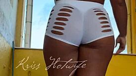 Naughty Brunette Wife Flashes Big Tits Ass Cameltoe in Short Shorts to Gym Friend Voyeur Style