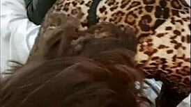 french amateur in red satin leopard bodysuit and black leather pants heels pov deepthroat rimming doggystyle