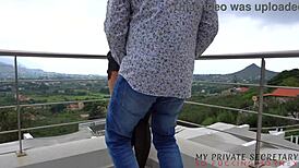 My curvy secretary in stockings silk dress gets clothes ripped for risky balcony creampie doggystyle with boss