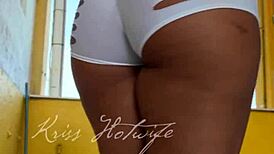 Naughty Brunette Wife Flashes Big Tits Ass Cameltoe in Short Shorts to Gym Friend Voyeur Style