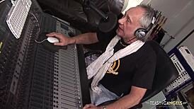 Busty brunette milf seductively fucked hard by two producers doggystyle cowgirl on sofa