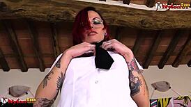 tattooed college girl in pantyhose, this dildo hits so deep...