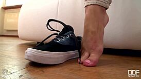 Beautiful shaved Dutch brunette spreads narrow ass pussy in jeans lingerie