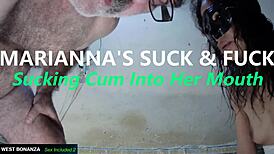 Marianna sucks deep then fucks till cum fills her tight latina mouth