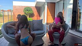our hearts race as two couples swap partners fucking hard poolside at the home party cum everywhere
