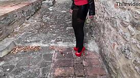 milf boldly sways big ass in sexy pantyhose high heels