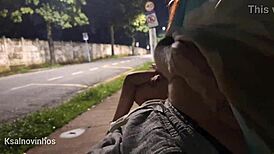 redhead amateur gives risky public street blowjob with dirty talk