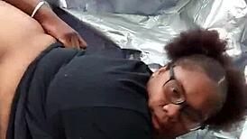 Nerdy ebony shakes fat ass outdoors in public park