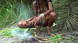 wanna see this hot african native's small waist while she cooks outdoors in jungle?