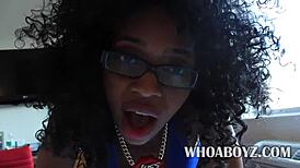 bootylicious ebony babe drops to knees for deep shaved pussy licking and cock sucking