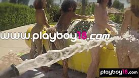 Bubble-soaked Ebony Milf Misty Stone and Nude Teen Girlfriends Wash Car