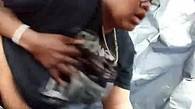 Nerdy ebony shakes fat ass outdoors in public park