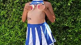 wanna watch super sexy cheerleader neighbor rip clothes flash natural tits dance naked outdoors teasing?