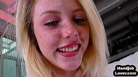 POV blonde teen rips clothes, strokes oiled cock with small tits and dirty talk closeup