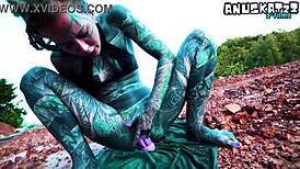 Goth slut anal dildo toys gaping asshole fingering pierced nipples outdoor tease piss desperate atm