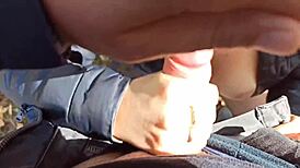 Public blowjob leads to fingering and cum on big tits outdoors