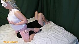 Mistress Wife in Tight Pink Leggings Facesits Chubby Husband Hard