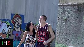 A cute brunette slut gets her shaved pussy fucked outdoor, riding cock doggystyle before swallowing cum from blowjob and rimjob.