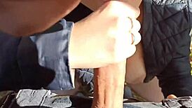 Public blowjob leads to fingering and cum on big tits outdoors
