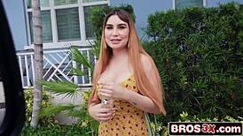 Huge fake tits bounce wildly as petite amateur rides monster cock deep in reality bus fuck for cash with hardcore riding and big tits action