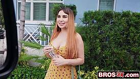 Huge fake tits bounce wildly as petite amateur rides monster cock deep in reality bus fuck for cash with hardcore riding and big tits action